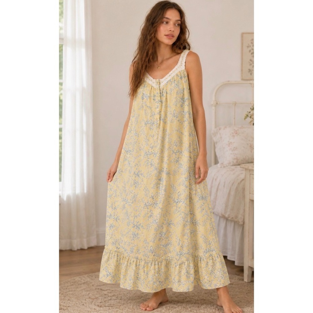 Ella Simone Yellow Floral Nightgown Lace Trim Cottagecore Lounge Dress 1XL sleep